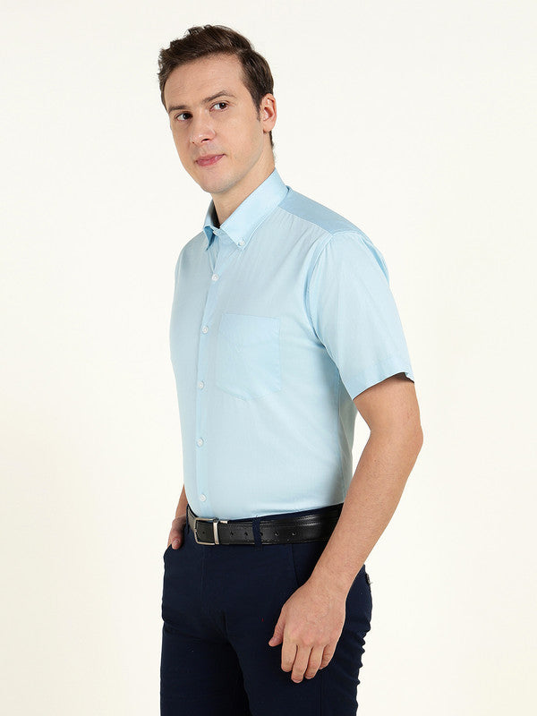 Men Sky Blue Solid Slim Fit Pure Cotton Button Down Collar Shirt
