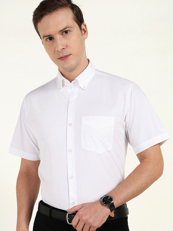 Men White Solid Slim Fit Pure Cotton Button Down Collar Shirt