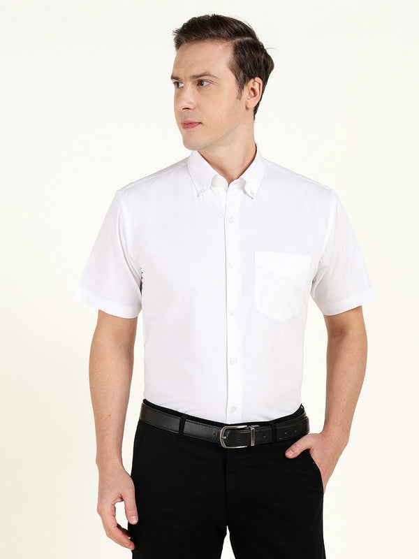 Men White Solid Slim Fit Pure Cotton Button Down Collar Shirt
