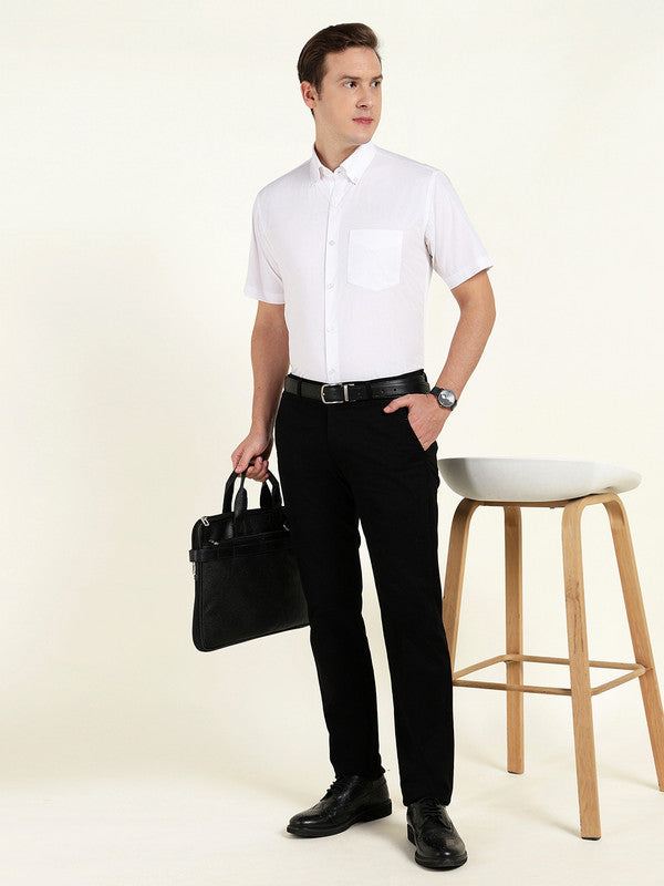 Men White Solid Slim Fit Pure Cotton Button Down Collar Shirt