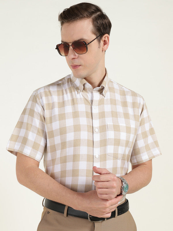 Men Beige & White Buffalo Checked Pure Cotton Button Down Collar Short Sleeve Shirt