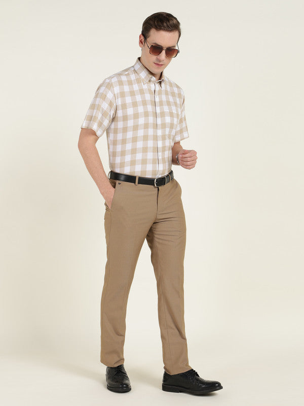 Men Beige & White Buffalo Checked Pure Cotton Button Down Collar Short Sleeve Shirt