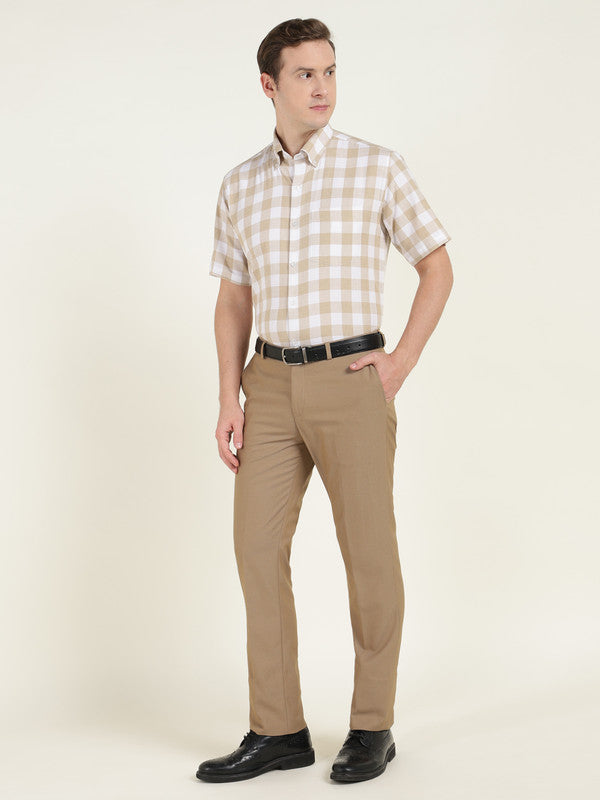 Men Beige & White Buffalo Checked Pure Cotton Button Down Collar Short Sleeve Shirt