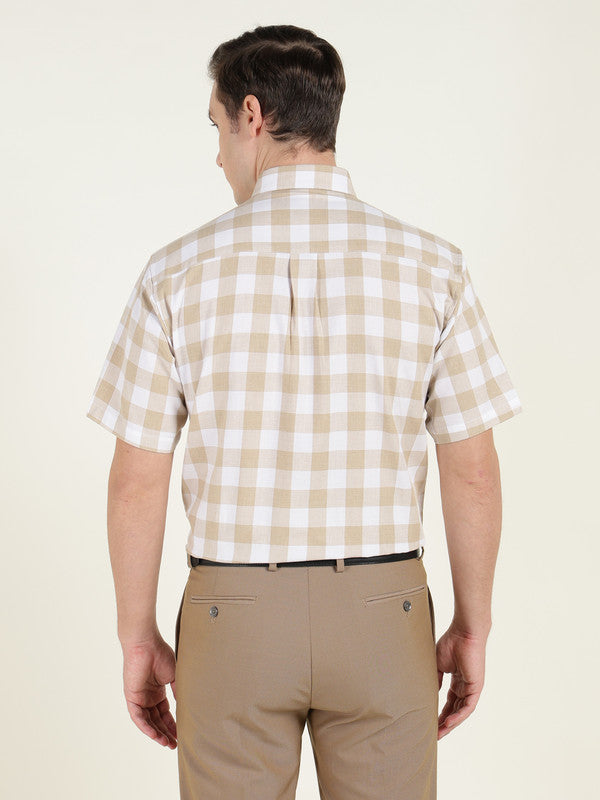 Men Beige & White Buffalo Checked Pure Cotton Button Down Collar Short Sleeve Shirt