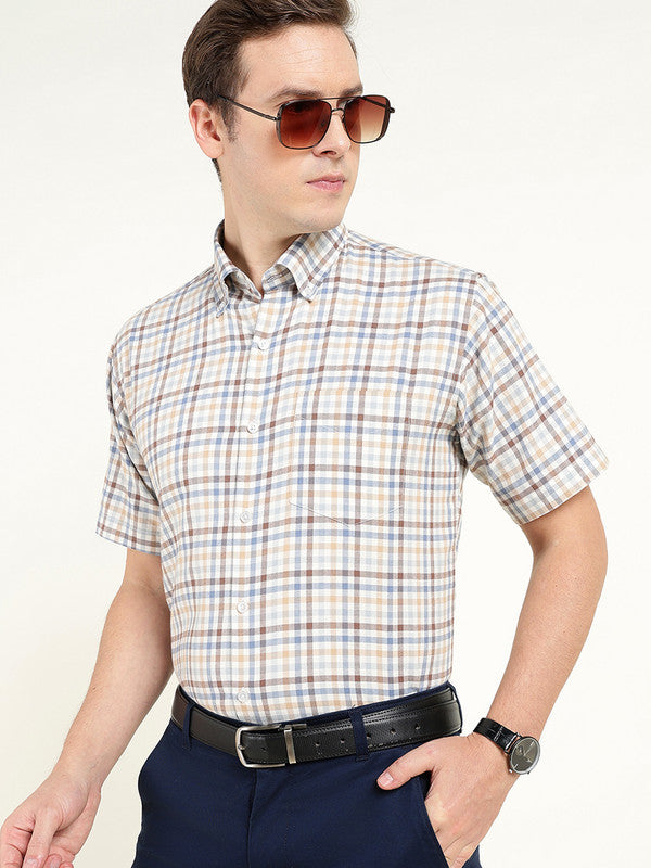 Men Cream Checked Slim Fit Pure Cotton Formal Shirt