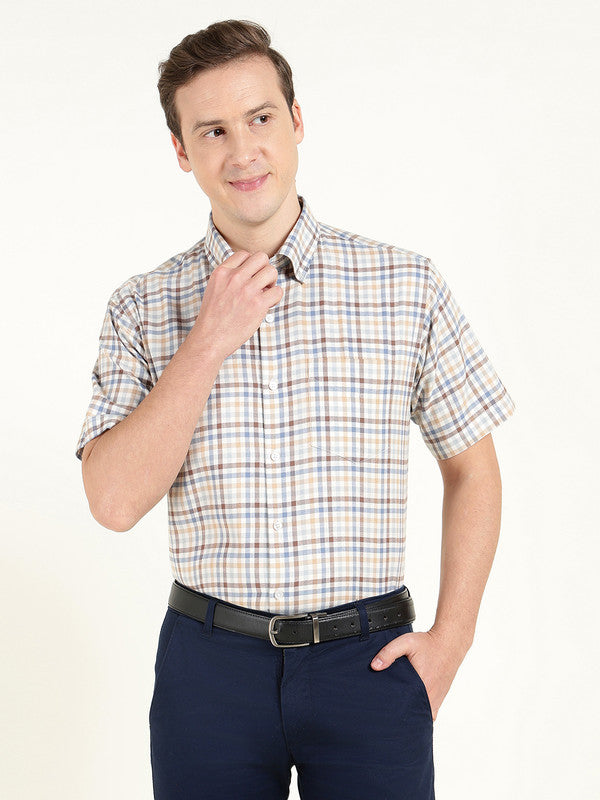 Men Cream Checked Slim Fit Pure Cotton Formal Shirt
