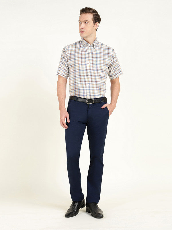 Men Cream Checked Slim Fit Pure Cotton Formal Shirt