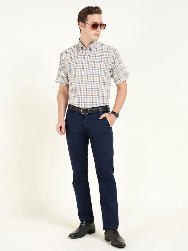 Men Cream Checked Slim Fit Pure Cotton Formal Shirt