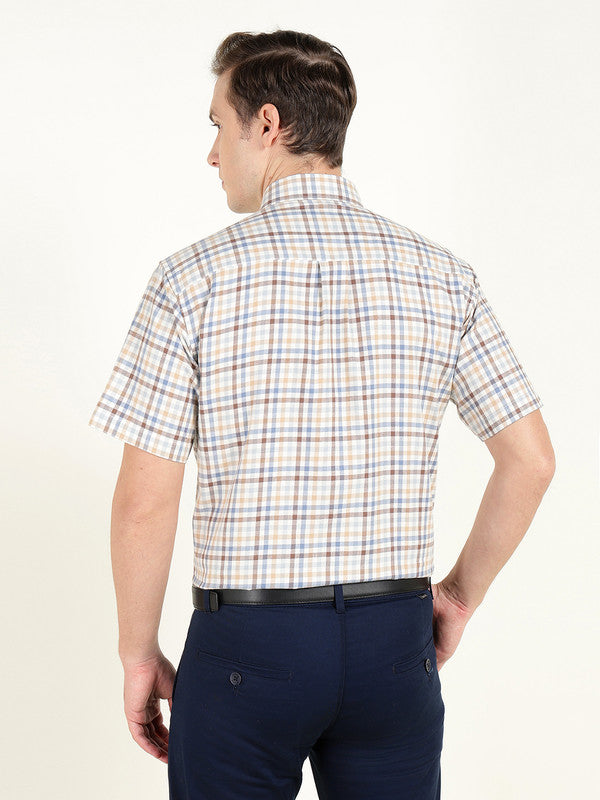 Men Cream Checked Slim Fit Pure Cotton Formal Shirt
