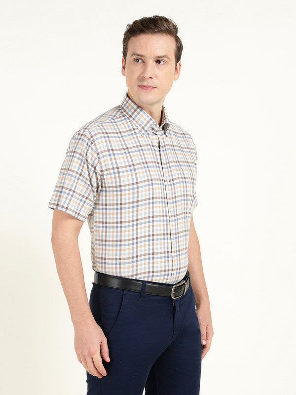 Men Cream Checked Slim Fit Pure Cotton Formal Shirt