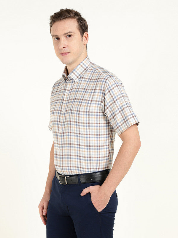 Men Cream Checked Slim Fit Pure Cotton Formal Shirt