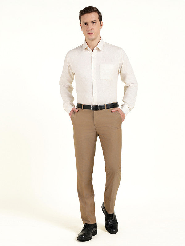 Hancock Men Cream Solid Slim Fit Linen Formal Shirt