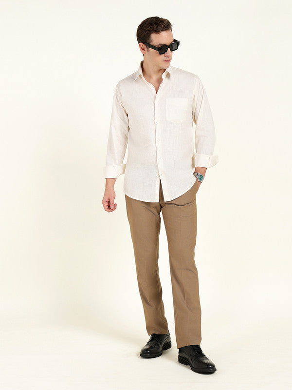 Hancock Men Cream Solid Slim Fit Linen Formal Shirt