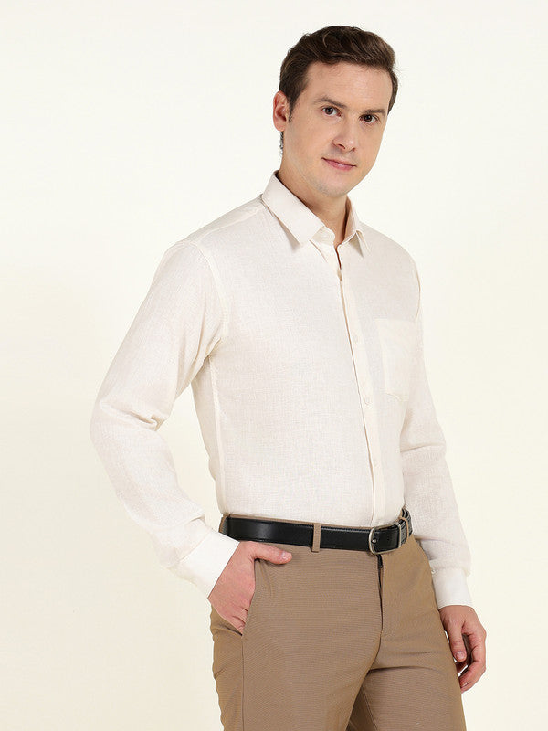 Hancock Men Cream Solid Slim Fit Linen Formal Shirt