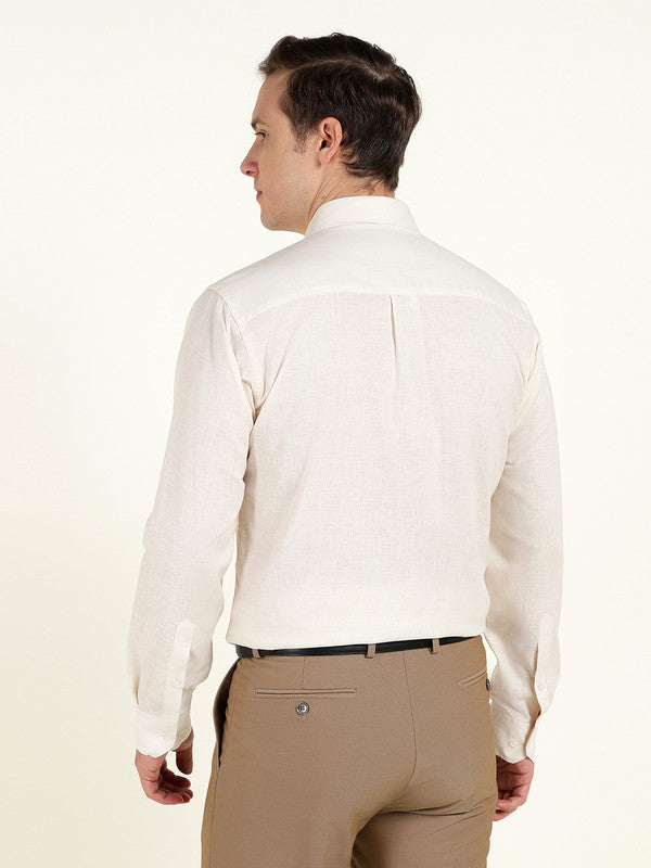 Hancock Men Cream Solid Slim Fit Linen Formal Shirt