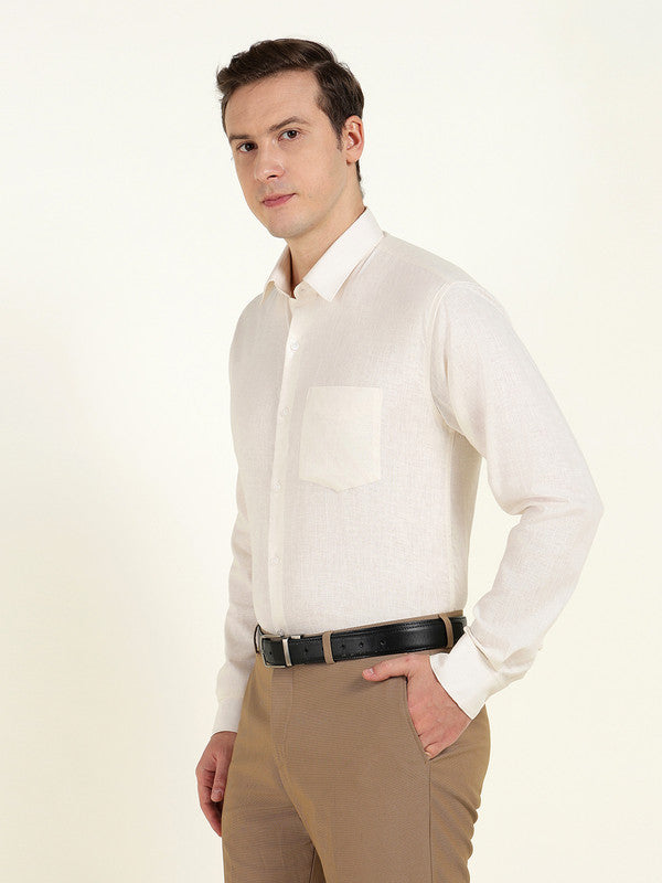 Hancock Men Cream Solid Slim Fit Linen Formal Shirt
