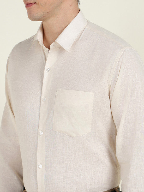 Hancock Men Cream Solid Slim Fit Linen Formal Shirt