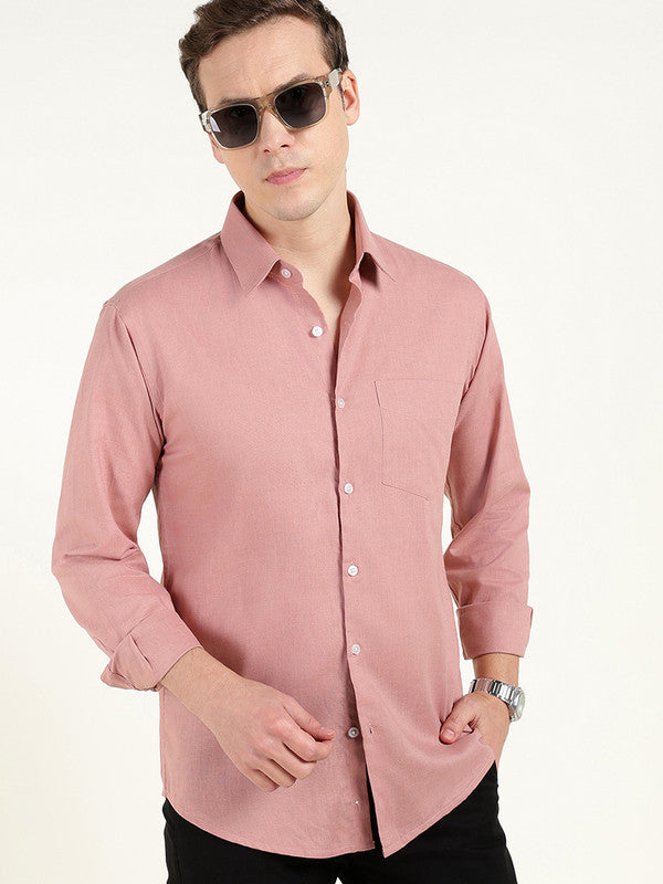 Men Dusty Pink Solid Slim Fit Linen Formal Shirt
