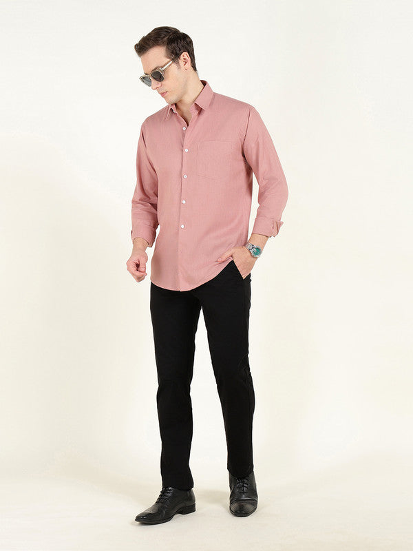 Men Dusty Pink Solid Slim Fit Linen Formal Shirt