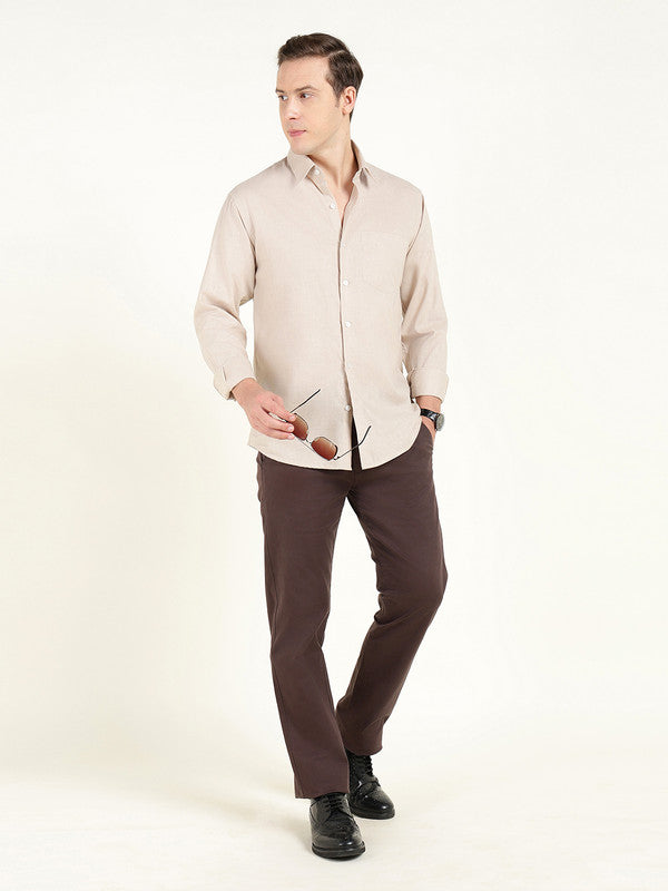 Men Greige Solid Slim Fit Linen Formal Shirt