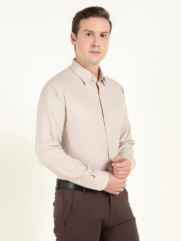Men Greige Solid Slim Fit Linen Formal Shirt