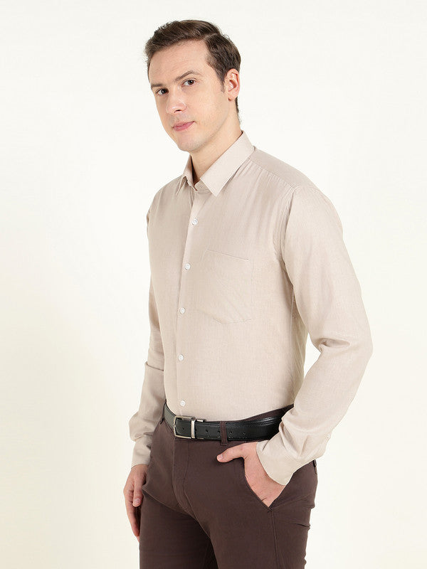Men Greige Solid Slim Fit Linen Formal Shirt