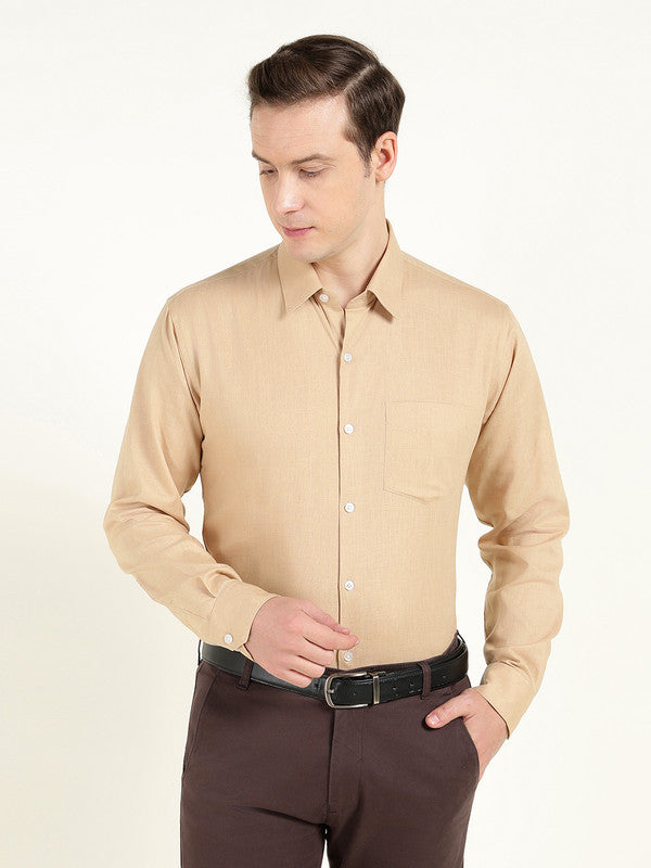 Men Tan Solid Slim Fit Linen Formal Shirt