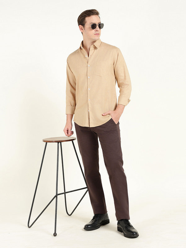 Men Tan Solid Slim Fit Linen Formal Shirt