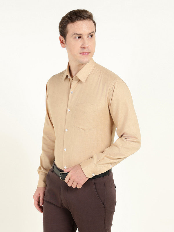 Men Tan Solid Slim Fit Linen Formal Shirt