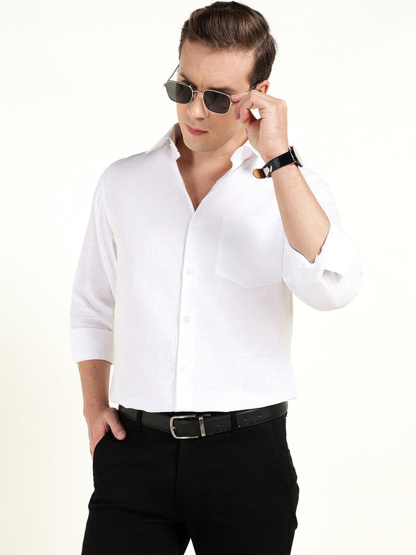 Men White Solid Slim Fit Linen Formal Shirt