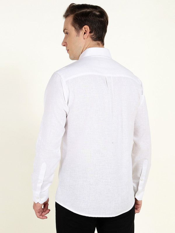 Men White Solid Slim Fit Linen Formal Shirt