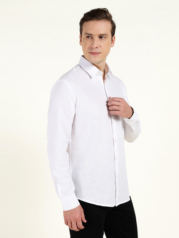 Men White Solid Slim Fit Linen Formal Shirt