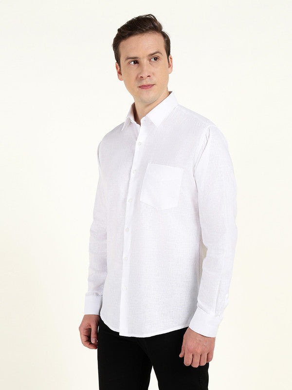 Men White Solid Slim Fit Linen Formal Shirt