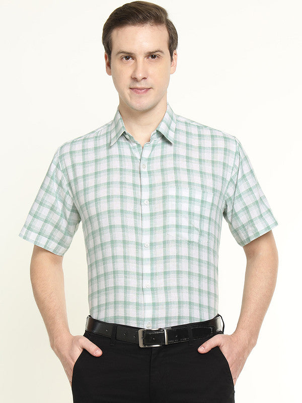 Men Green & White Checked Linen Slim Fit Formal Shirt