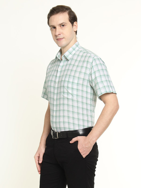 Men Green & White Checked Linen Slim Fit Formal Shirt