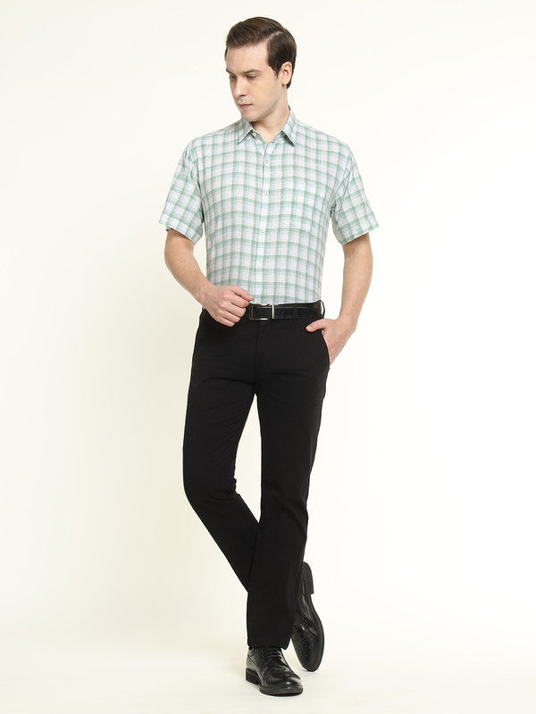 Men Green & White Checked Linen Slim Fit Formal Shirt
