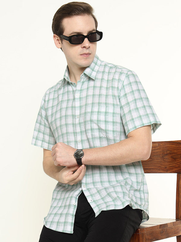 Men Green & White Checked Linen Slim Fit Formal Shirt