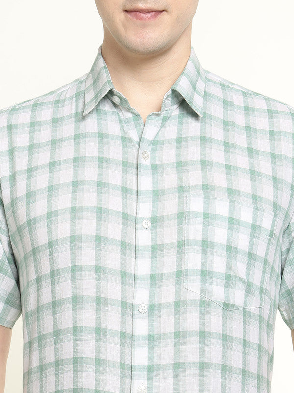 Men Green & White Checked Linen Slim Fit Formal Shirt