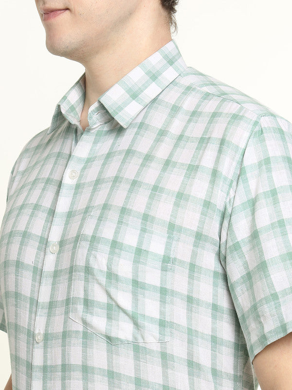 Men Green & White Checked Linen Slim Fit Formal Shirt