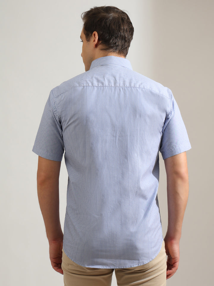 Hancock   Men   Blue & White   Stripes   Pure Cotton   Slim Fit   Formal   Shirt