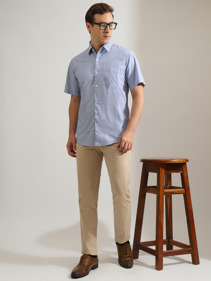 Hancock   Men   Blue & White   Stripes   Pure Cotton   Slim Fit   Formal   Shirt