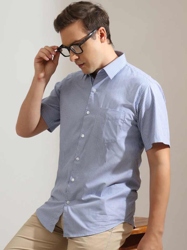 Hancock   Men   Blue & White   Stripes   Pure Cotton   Slim Fit   Formal   Shirt