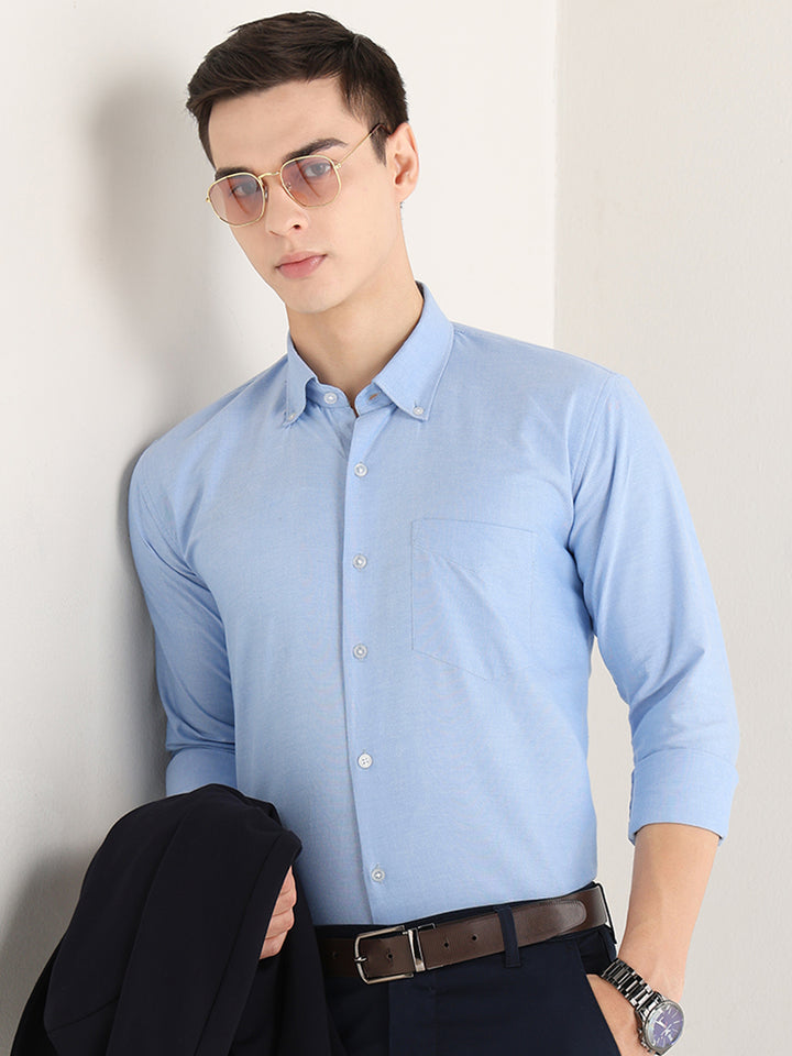 Hancock   Men   Blue   Solids   Pure Cotton   Slim Fit   Formal   Shirt