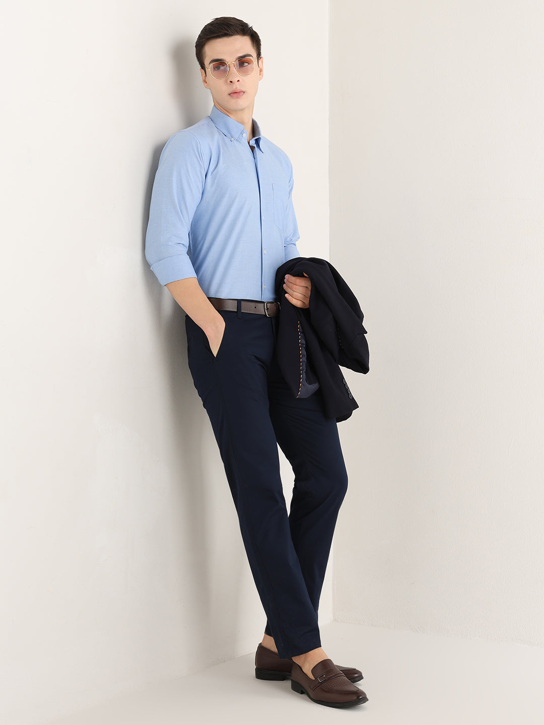 Hancock   Men   Blue   Solids   Pure Cotton   Slim Fit   Formal   Shirt