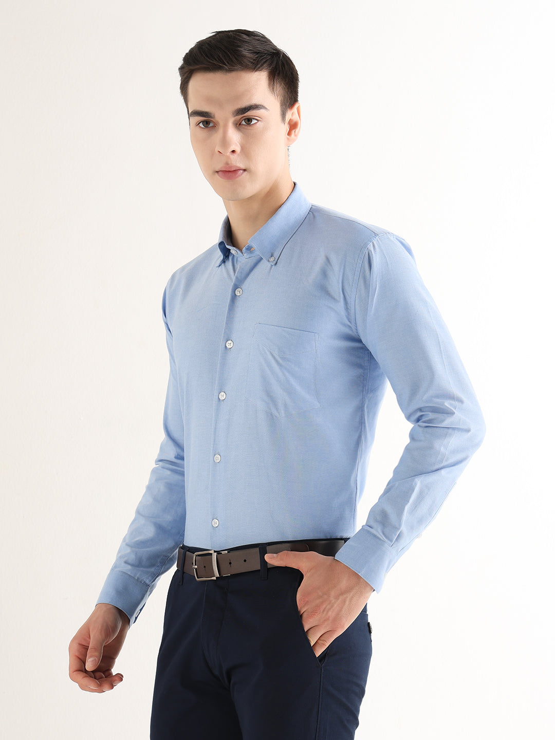 Hancock   Men   Blue   Solids   Pure Cotton   Slim Fit   Formal   Shirt
