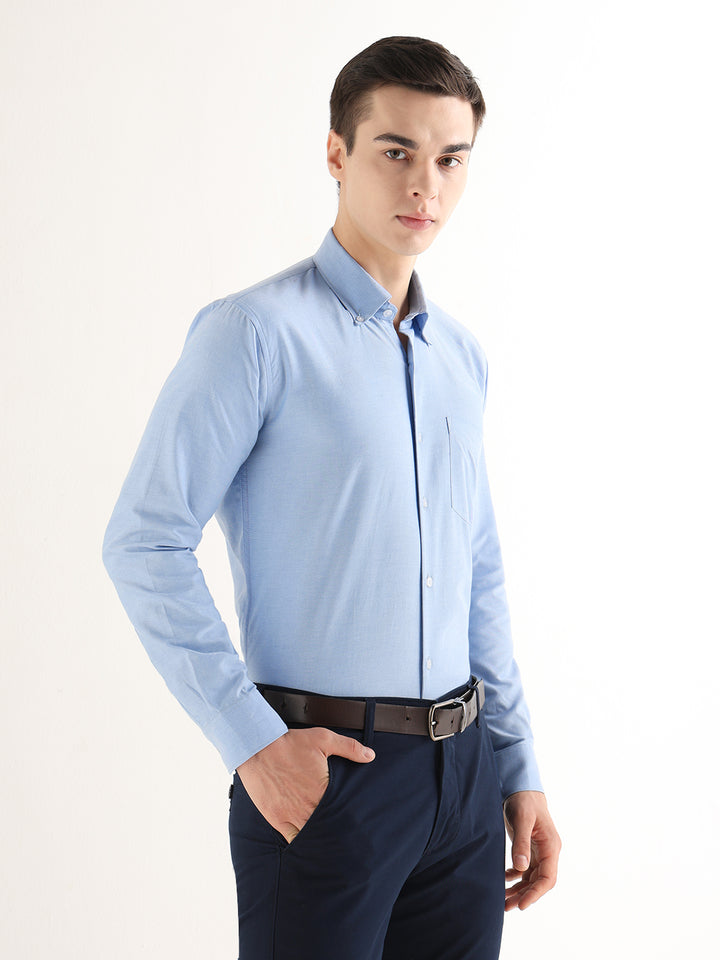 Hancock   Men   Blue   Solids   Pure Cotton   Slim Fit   Formal   Shirt