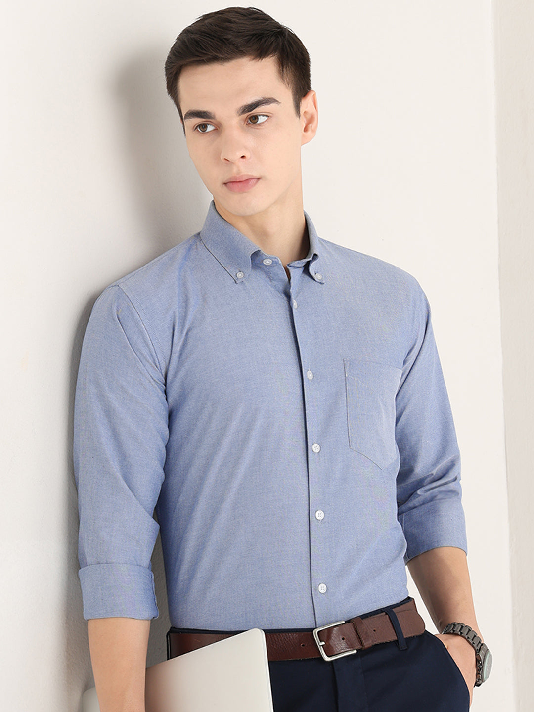 Hancock   Men   Dark Blue   Solids   Pure Cotton   Slim Fit   Formal   Shirt