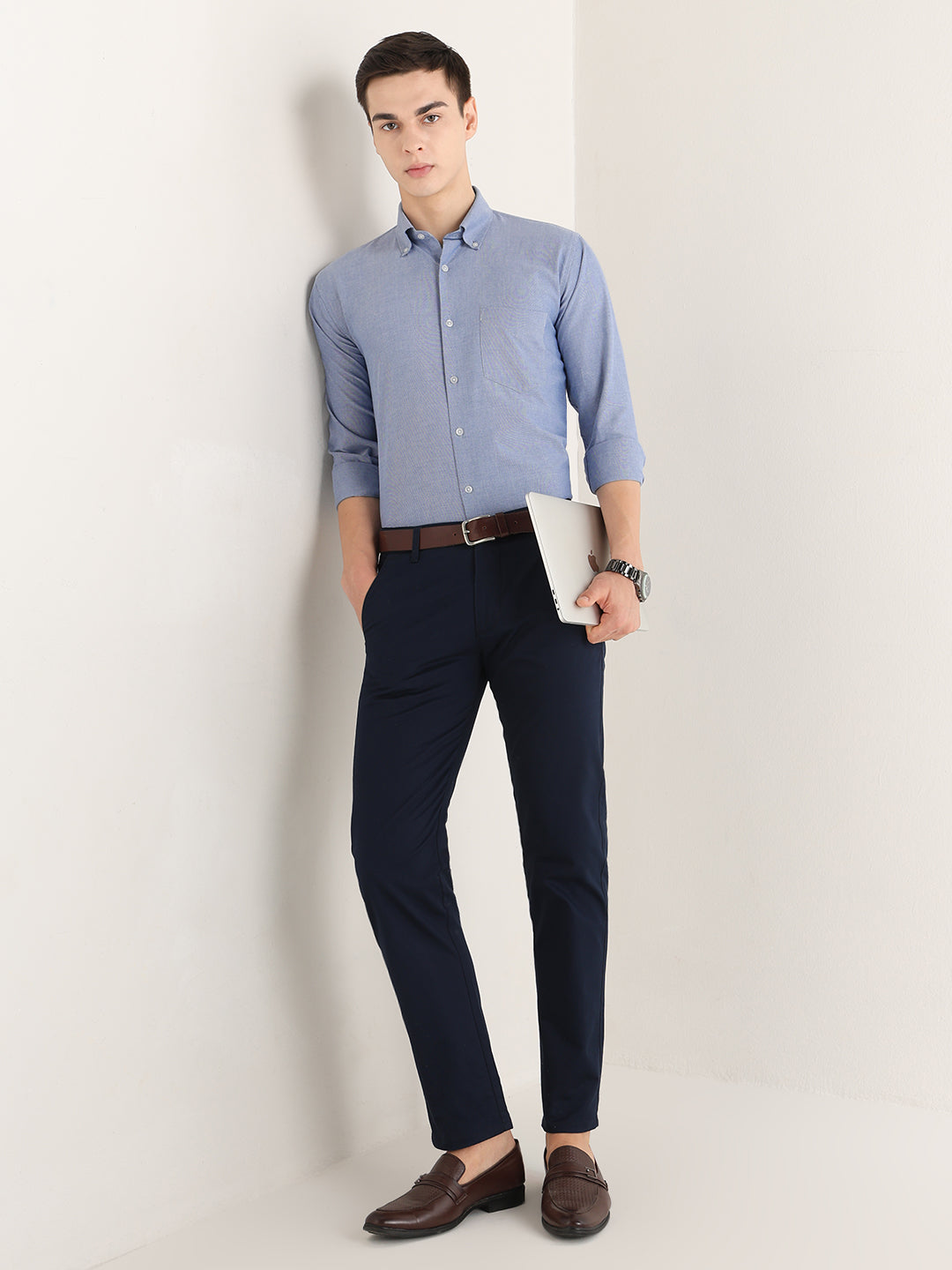 Hancock   Men   Dark Blue   Solids   Pure Cotton   Slim Fit   Formal   Shirt