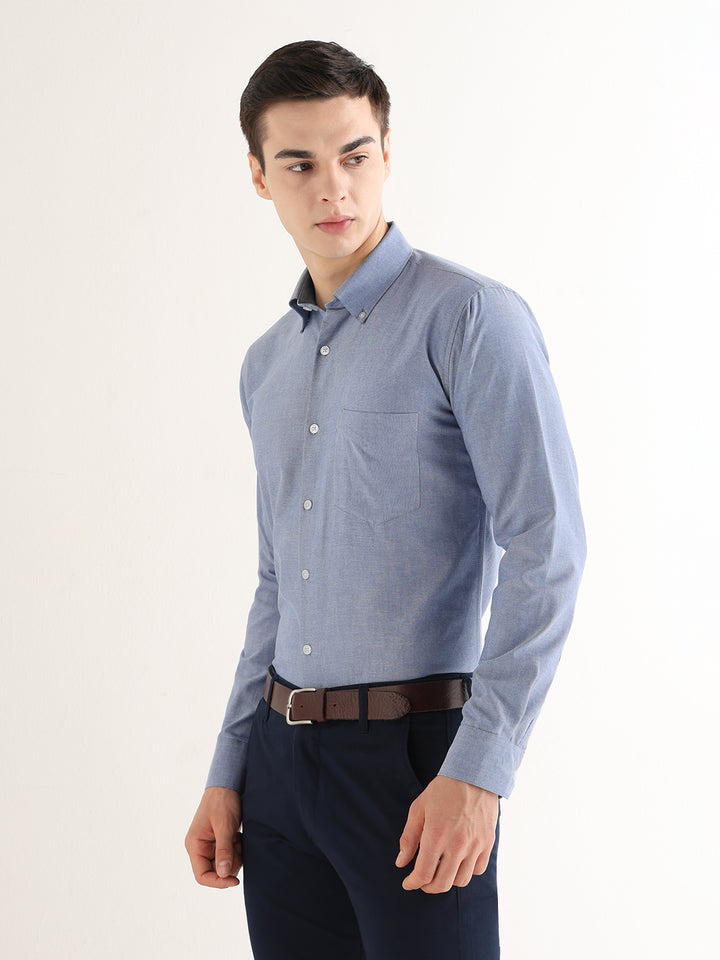 Hancock   Men   Dark Blue   Solids   Pure Cotton   Slim Fit   Formal   Shirt