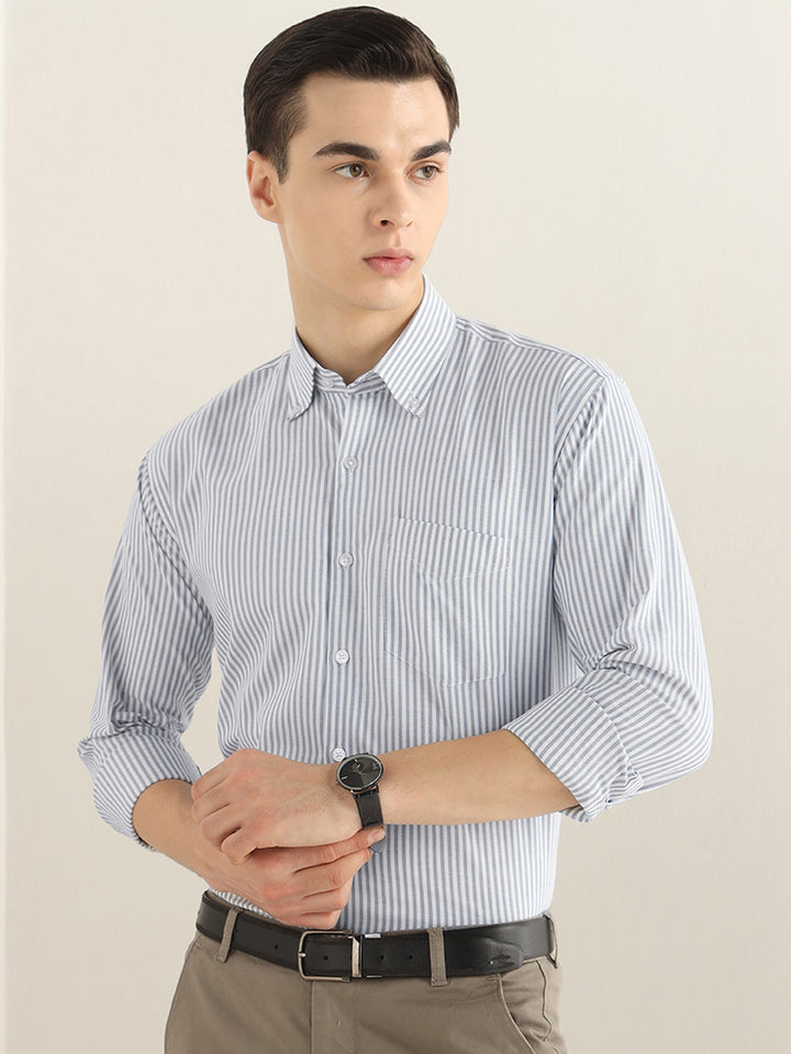 Hancock Men White & Grey Striped Pure Cotton Slim Fit Formal Shirt